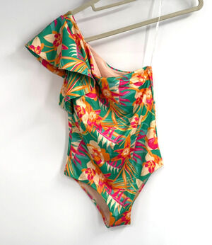 NWOT Maree Maree One Shoulder Swimsuit Women 4 Green Orange Tropical Swim Beach